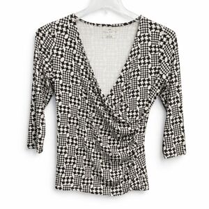 Talbots Black White Herringbone Pattern Wrap Style Top Womens Sz Med